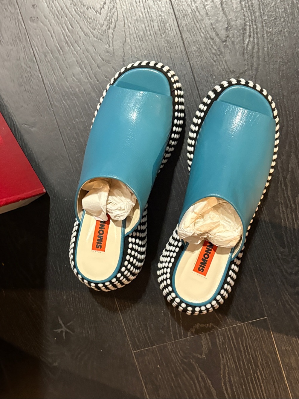 Simon Miller Teal Platform Mule with Black-and-White Studded Wedge - Picture 2 of 4